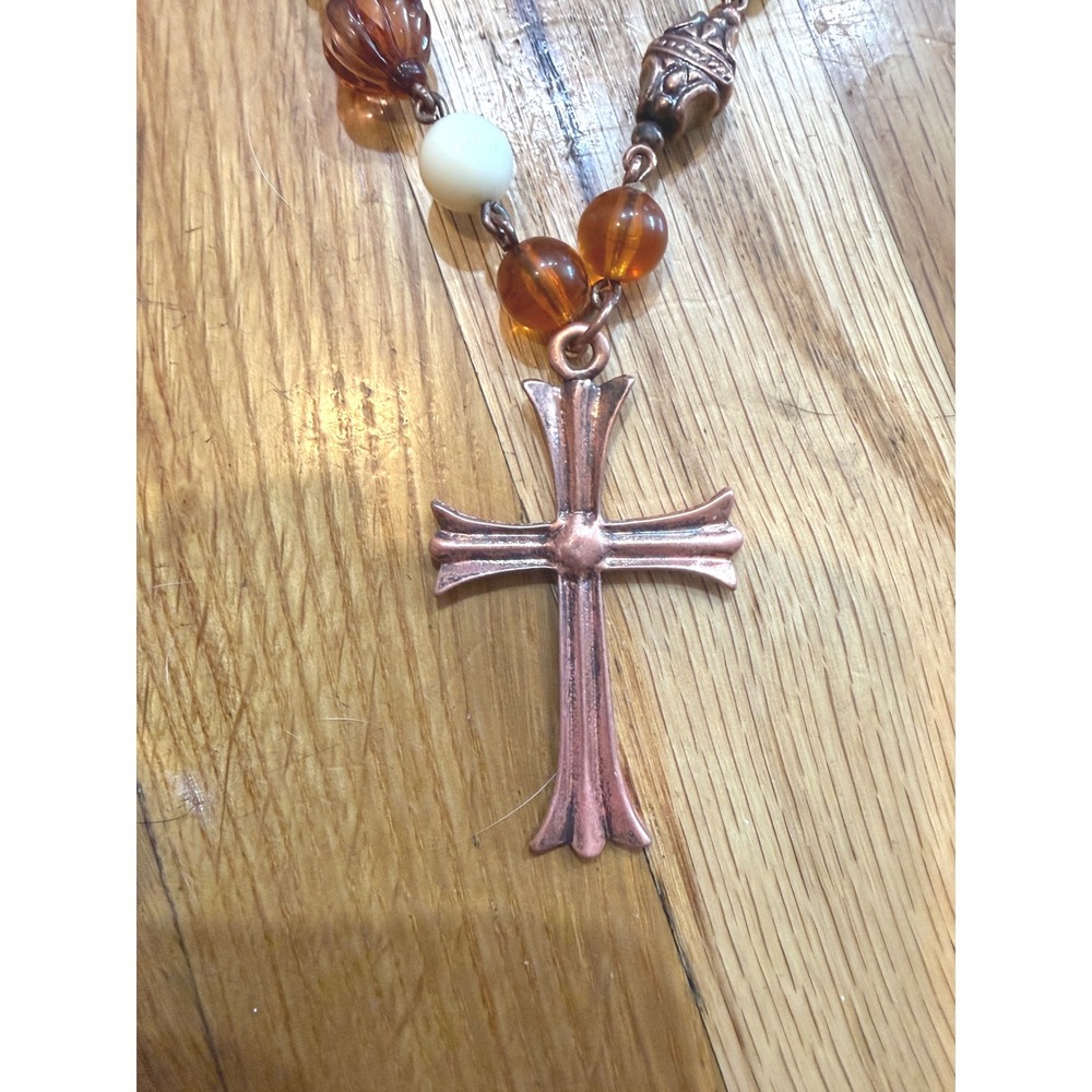 Boho Double Strand Beaded Necklace Copper Flared Cross Amber Cream Earth Tones - Picture 6 of 12